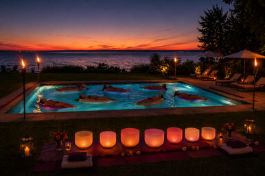 Sunset waterfront pool scene with people floating on inflatables, tiki torches and glowing meditation bowls on the lawn, lounge chairs and umbrellas nearby.