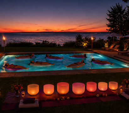 Sunset waterfront pool scene with people floating on inflatables, tiki torches and glowing meditation bowls on the lawn, lounge chairs and umbrellas nearby.
