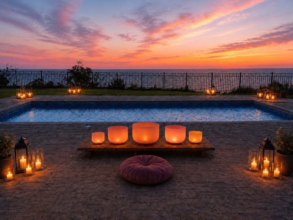 Oceanfront pool at sunset with glowing crystal singing bowls on a low bench, candle lanterns and a round meditation cushion on the patio.