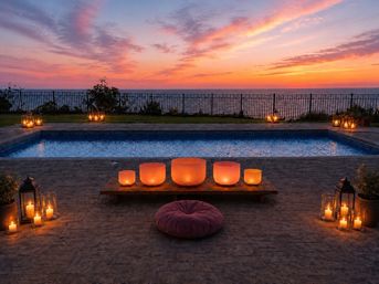 Oceanfront pool at sunset with glowing crystal singing bowls on a low bench, candle lanterns and a round meditation cushion on the patio.