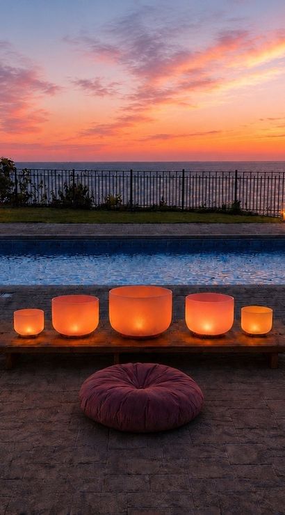 Oceanfront pool at sunset with glowing crystal singing bowls on a low bench, candle lanterns and a round meditation cushion on the patio.