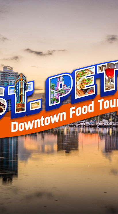 Bright promotional graphic reading “St. Pete Downtown Food Tour” over a sunset downtown marina skyline, letters filled with food and drinks and the scene reflecting in calm harbor water.