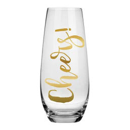 Clear stemless champagne glass on white background featuring vertical gold cursive text reading “cheers!”