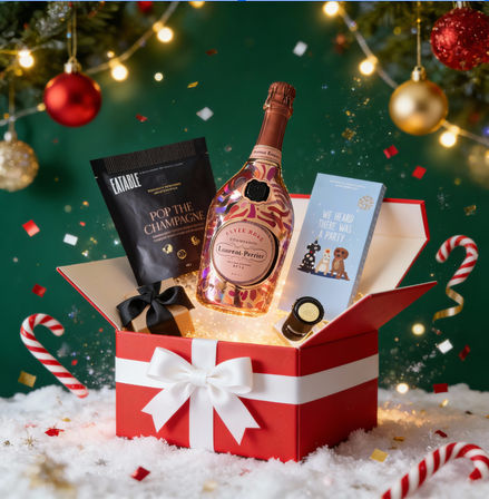 Festive red and white holiday gift box with a glittering rosé bottle, snack pouch, small wrapped present and chocolates, surrounded by candy canes, Christmas ornaments, twinkling lights and faux snow.