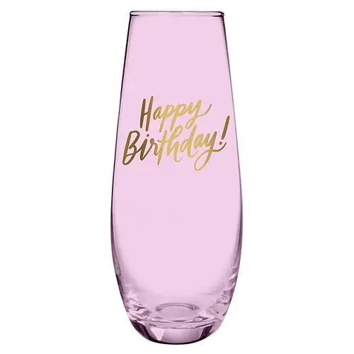 Pink stemless champagne glass with gold "Happy Birthday!" script, festive birthday party drinkware