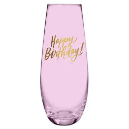 Pink stemless champagne glass with gold "Happy Birthday!" script, festive birthday party drinkware