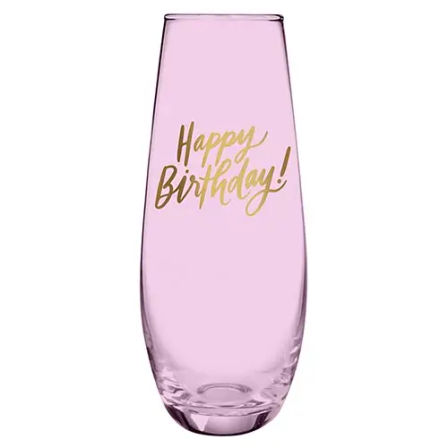Pink stemless champagne glass with gold "Happy Birthday!" script, festive birthday party drinkware