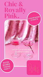 Chic pink party scene with two pink champagne coupes on a glossy pink backdrop, playful Barbie‑theme party promo for champagne events and bookings.