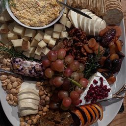 Vibrant charcuterie cheese board with cubed and sliced cheeses, creamy brie topped with pomegranate seeds, red grapes, candied walnuts, assorted nuts, dried apricots and dates, crackers, citrus slices and a bowl of cheese dip