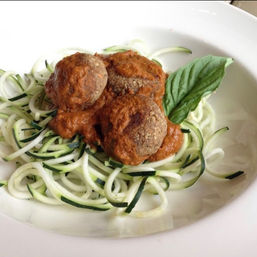 Zucchini spiral noodles (zoodles) topped with three meatballs, tomato-basil sauce and a fresh basil leaf on a white plate