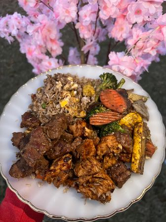 White scalloped plate of mixed stir-fry—grilled beef, chicken, fried rice and vegetables—held outdoors with pink cherry blossom branches in soft focus background