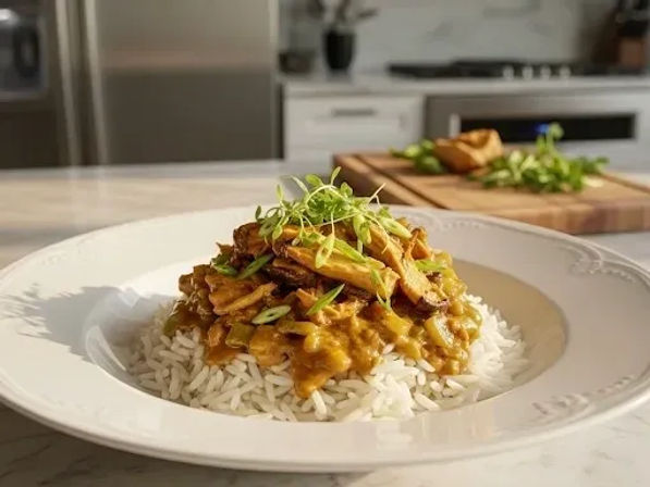 Shredded chicken curry with green onions and microgreens served over white rice in a white bowl on a marble countertop, modern home kitchen in the background