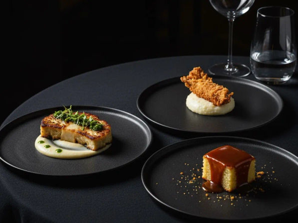 Three fine-dining tasting menu plates on a black tablecloth: seared rectangular protein on a creamy puree with herb oil and microgreens, a crispy breaded strip atop mashed potatoes, and a square sponge cake drizzled in glossy caramel, minimalist elegant presentation with a wine glass in the background.