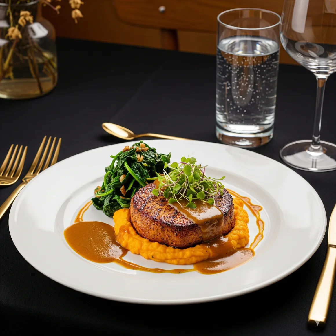 Gourmet seared crab cake atop sweet potato purée with brown sauce, microgreens and sautéed spinach on a white plate, served with gold flatware and sparkling water on a black linen in an upscale restaurant setting.
