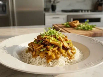 Shredded chicken curry with green onions and microgreens served over white rice in a white bowl on a marble countertop, modern home kitchen in the background