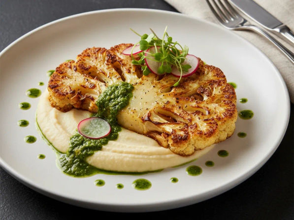 Golden-brown roasted cauliflower steak on creamy cauliflower purée, drizzled with bright green herb pesto and dotted with microgreens and thin radish slices on a white plate.