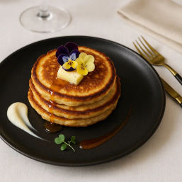 Three golden fluffy pancakes stacked on a black plate, melting butter and maple syrup dripping, topped with colorful edible pansy flowers; cream smear and microgreens beside them with gold flatware on a white tablecloth — gourmet brunch