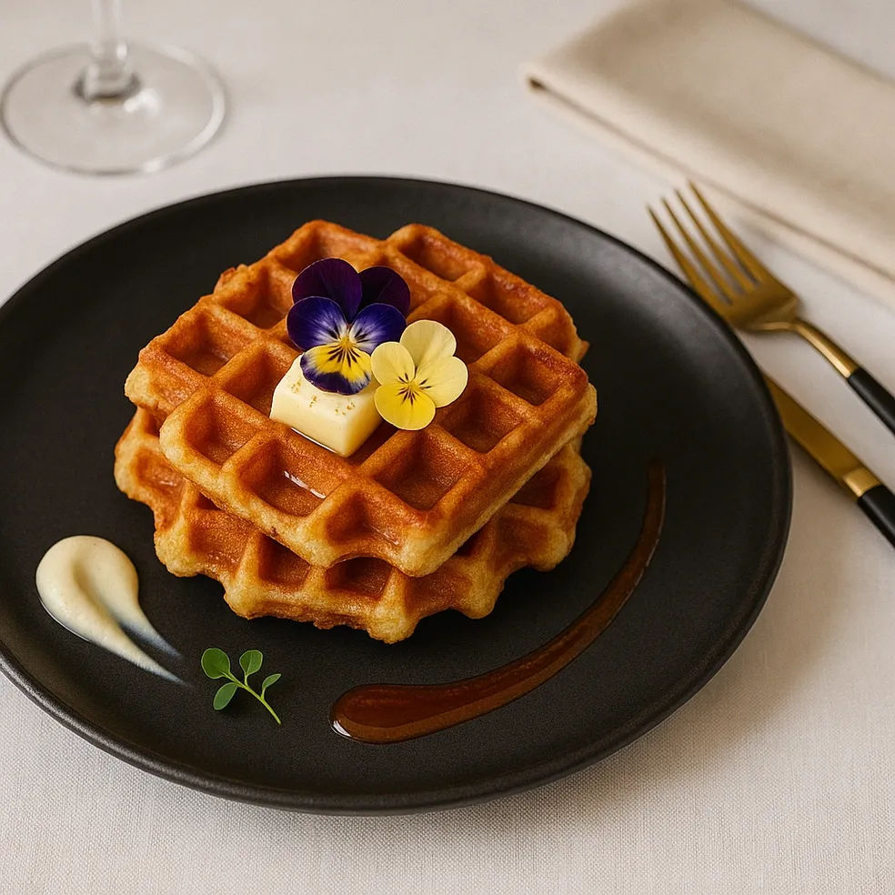 Stack of golden Belgian waffles on a black plate topped with a butter pat and purple and yellow edible pansy flowers, with a syrup drizzle and cream — elegant gourmet brunch