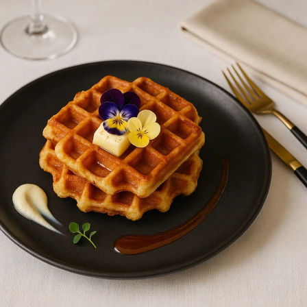 Stack of golden Belgian waffles on a black plate topped with a butter pat and purple and yellow edible pansy flowers, with a syrup drizzle and cream — elegant gourmet brunch