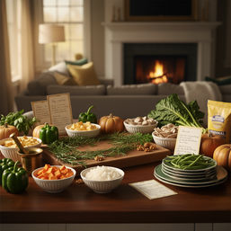Cozy autumn kitchen island staged for fall cooking: wooden cutting board with rosemary sprigs, bowls of cubed squash, chopped onion, nuts and seeds, green beans on stacked plates, bell peppers, small pumpkins, leafy greens, mortar and pestle, handwritten recipe cards and a packaged pantry item, with a lit fireplace and sofa blurred in the background.
