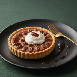 Pecan tartlet dessert topped with whipped cream and pecan halves, served on a matte black plate with caramel drizzle and a gold fork on dark green cloth.
