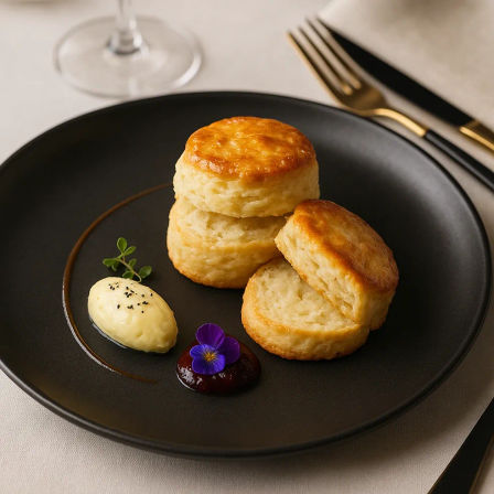 Buttery golden scones stacked on a matte black plate with a scoop of clotted cream, a dollop of berry jam topped with a purple edible flower, gold cutlery and a wine glass on a linen table — elegant pastry presentation.