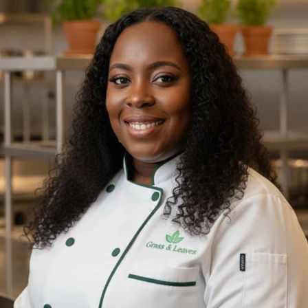 Smiling professional chef portrait — Black woman in a white double-breasted jacket with green trim, standing in a stainless-steel restaurant kitchen with potted herbs on shelves.