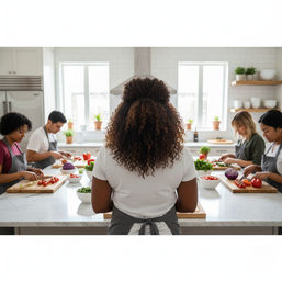 Instructor seen from behind leading a group cooking class in a bright modern kitchen while four participants chop tomatoes, peppers and greens on a marble island.