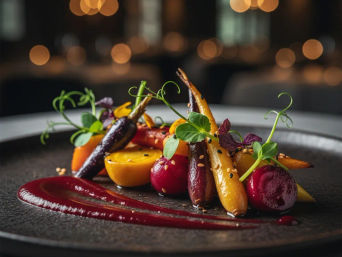 Fine-dining plate of colorful roasted heirloom baby carrots and baby beets with microgreens, sesame seeds and a glossy beet purée swoosh on a dark ceramic plate, warm bokeh restaurant lights in background
