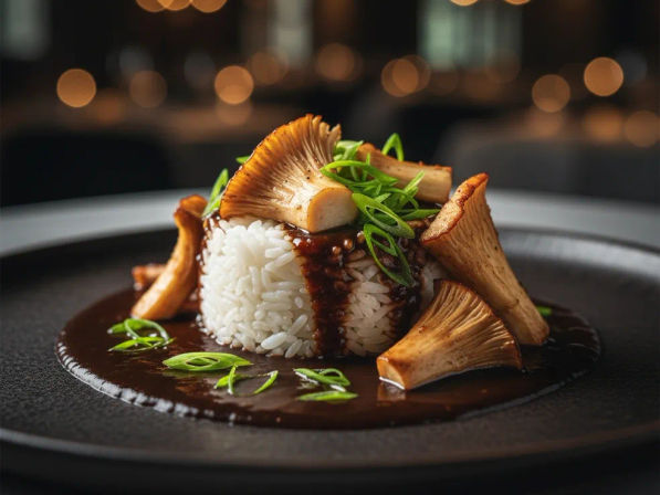 Gourmet restaurant-style plate of steamed white rice molded into a cylinder, topped with golden sautéed mushrooms, thin green scallion ribbons and a glossy dark savory sauce on a black plate with warm bokeh lights in the background.