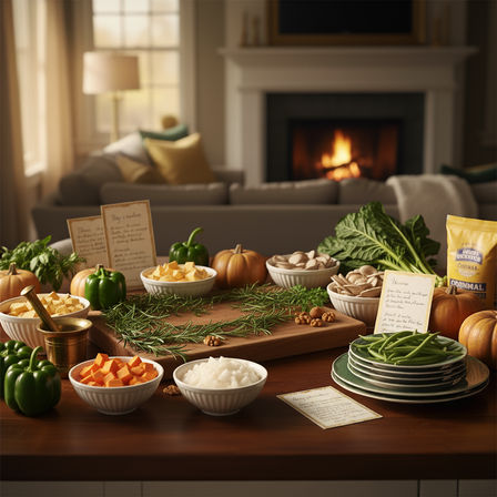 Cozy autumn kitchen island staged for fall cooking: wooden cutting board with rosemary sprigs, bowls of cubed squash, chopped onion, nuts and seeds, green beans on stacked plates, bell peppers, small pumpkins, leafy greens, mortar and pestle, handwritten recipe cards and a packaged pantry item, with a lit fireplace and sofa blurred in the background.