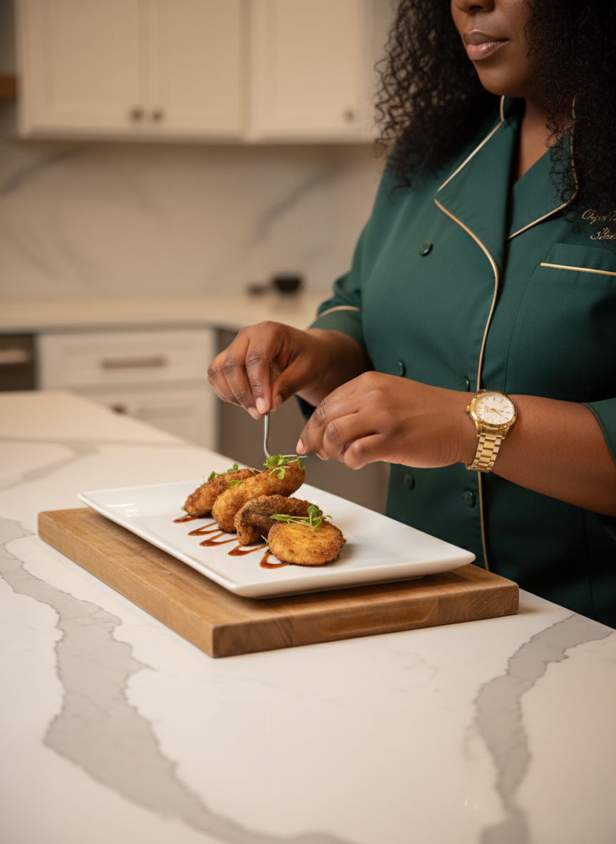 Chef's hands in a green jacket garnishing crispy fried croquettes with microgreens on a white rectangular plate set on a wooden board atop a white marble kitchen countertop