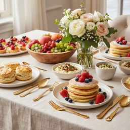 Sunlit brunch table in a cozy dining room: stacked pancakes with berries, scones, fresh fruit bowl, bowls of porridge, white rose bouquet and gold flatware on a neutral linen.