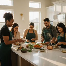 Five adults in a sunlit modern home kitchen wearing aprons, smiling as they prepare and plate colorful roasted vegetable bowls together in a group cooking session.