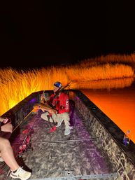 Night bowfishing scene: an angler kneels on a flat-deck boat holding a freshly caught fish as bright orange-lit marsh grasses and water glow behind, with bowfishing gear visible on the deck.