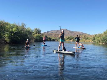 Four stand-up paddleboarders cruising a calm desert river with green riparian brush and a rugged mountain backdrop under a bright blue sky — outdoor paddleboarding in a southwestern desert landscape.