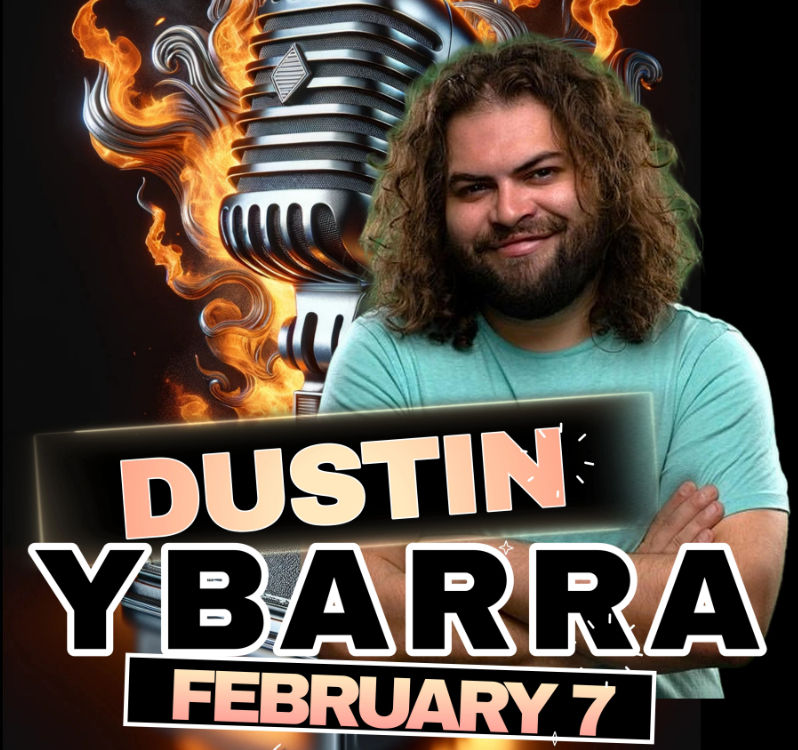 Promotional stand-up comedy poster with a smiling bearded man with long curly hair and crossed arms in front of a flaming vintage microphone, bold headline name text and event date February 7.