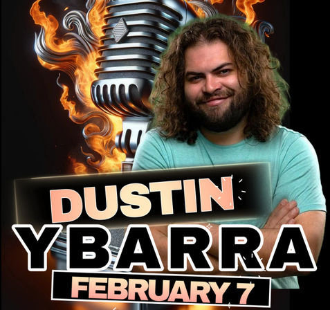 Promotional stand-up comedy poster with a smiling bearded man with long curly hair and crossed arms in front of a flaming vintage microphone, bold headline name text and event date February 7.