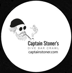 Black-and-white circular logo of a bearded captain in a beanie and sunglasses smoking a pipe that forms a ghost-shaped smoke plume, with the words “Dive Bar Crawl” and a website address below.