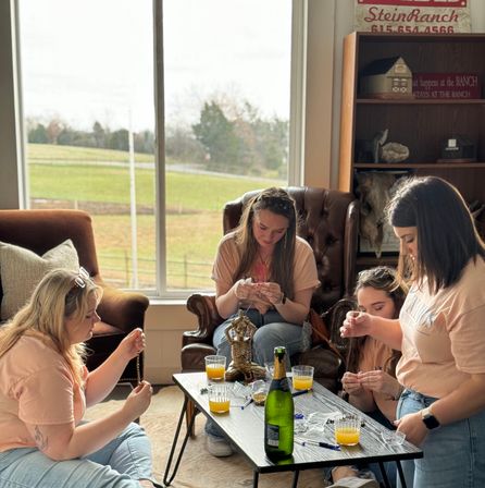 Four friends in a sunlit, cozy living room crafting beaded necklaces around a coffee table with orange mimosas and a champagne bottle, window showing green pasture outside.