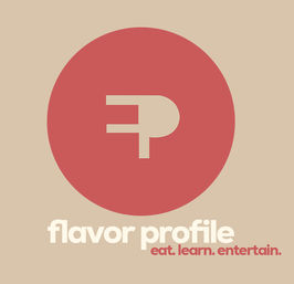 Retro food-and-entertainment logo on beige background: large muted-red circle with a minimalist stylized monogram inside, bold rounded lowercase wordmark beneath and a short three-word tagline in red.