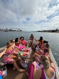 Group of women in pink swimsuits and summer outfits enjoying drinks and snacks on a lively party boat in a coastal bay with palm trees and shoreline under a partly cloudy sky