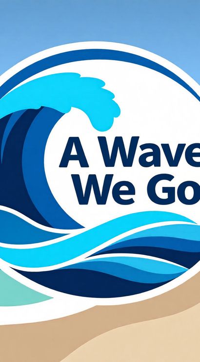 Playful circular ocean logo with layered blue and turquoise waves and partial "A Wave We Go" text set against a stylized sandy beach and coastal seascape