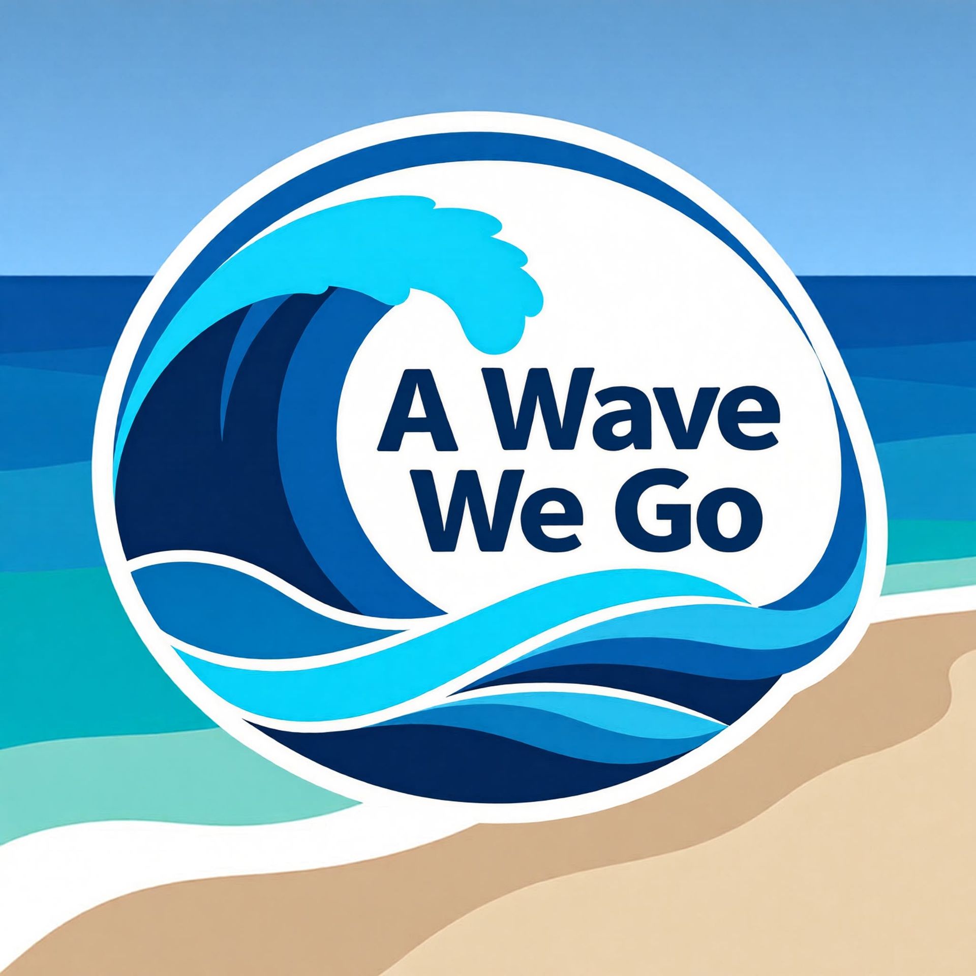 Playful circular ocean logo with layered blue and turquoise waves and partial "A Wave We Go" text set against a stylized sandy beach and coastal seascape