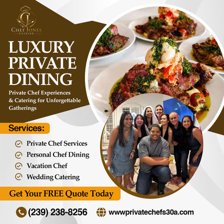 Promotional graphic for luxury private dining featuring a mouthwatering plated steak topped with lobster and herb butter, a circular inset of smiling guests with a chef, and a call-to-action offering private chef, personal dining, vacation chef, and wedding catering services.