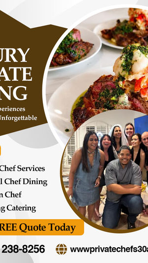 Promotional graphic for luxury private dining featuring a mouthwatering plated steak topped with lobster and herb butter, a circular inset of smiling guests with a chef, and a call-to-action offering private chef, personal dining, vacation chef, and wedding catering services.