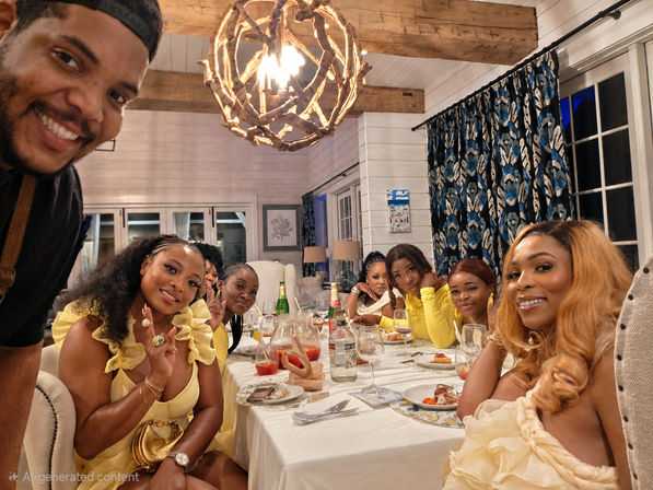 Cheerful group dinner selfie of friends in yellow outfits around a long table with drinks and plates in a cozy wood‑beamed dining room under a driftwood chandelier.