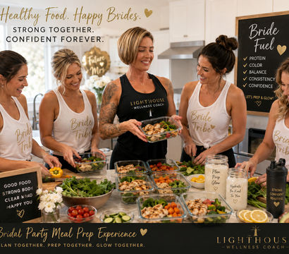 Bridal party meal-prep in a bright home kitchen — five smiling women in matching ‘Bride Tribe’ tanks guided by a wellness coach as they fill glass containers with grilled chicken, leafy salads and colorful veggies, surrounded by jars, bowls and a chalkboard reading ‘Bride Fuel’.