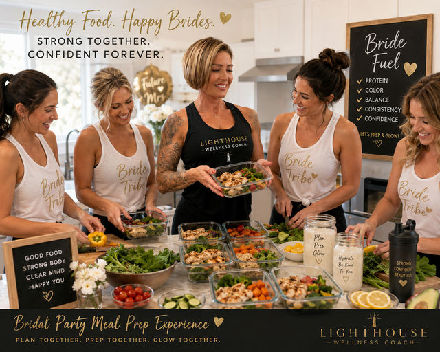 Bridal party meal-prep in a bright home kitchen — five smiling women in matching ‘Bride Tribe’ tanks guided by a wellness coach as they fill glass containers with grilled chicken, leafy salads and colorful veggies, surrounded by jars, bowls and a chalkboard reading ‘Bride Fuel’.