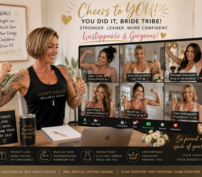 Smiling female wellness coach in a home studio raises a champagne glass and flexes while celebrating with a virtual bridal-fitness group on a video call — success messages about weight loss, muscle gain, dress-ready goals, and motivational icons visible.